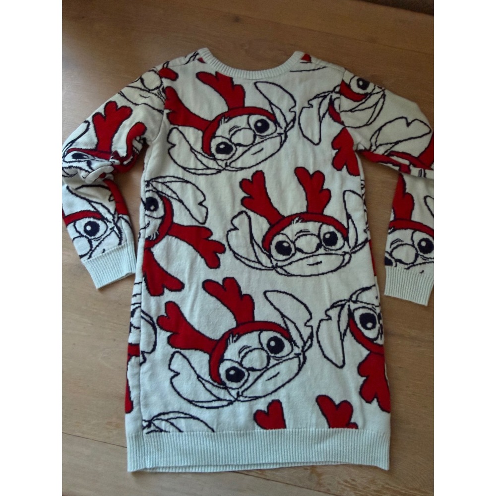 Disney Stitch Christmas Sweater Dress Girls Large 10/12 Reindeer Antler Knit